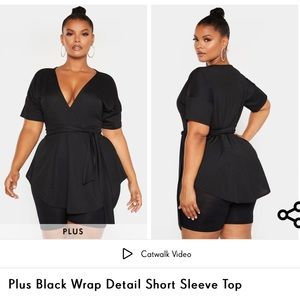 Pretty Little Thing (PLT) Black Wrap Detail Short Sleeve Top